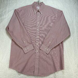 Brooks Brothers Shirt Mens Size 17 4/5 XL Red White Striped Relaxed Fit No Iron